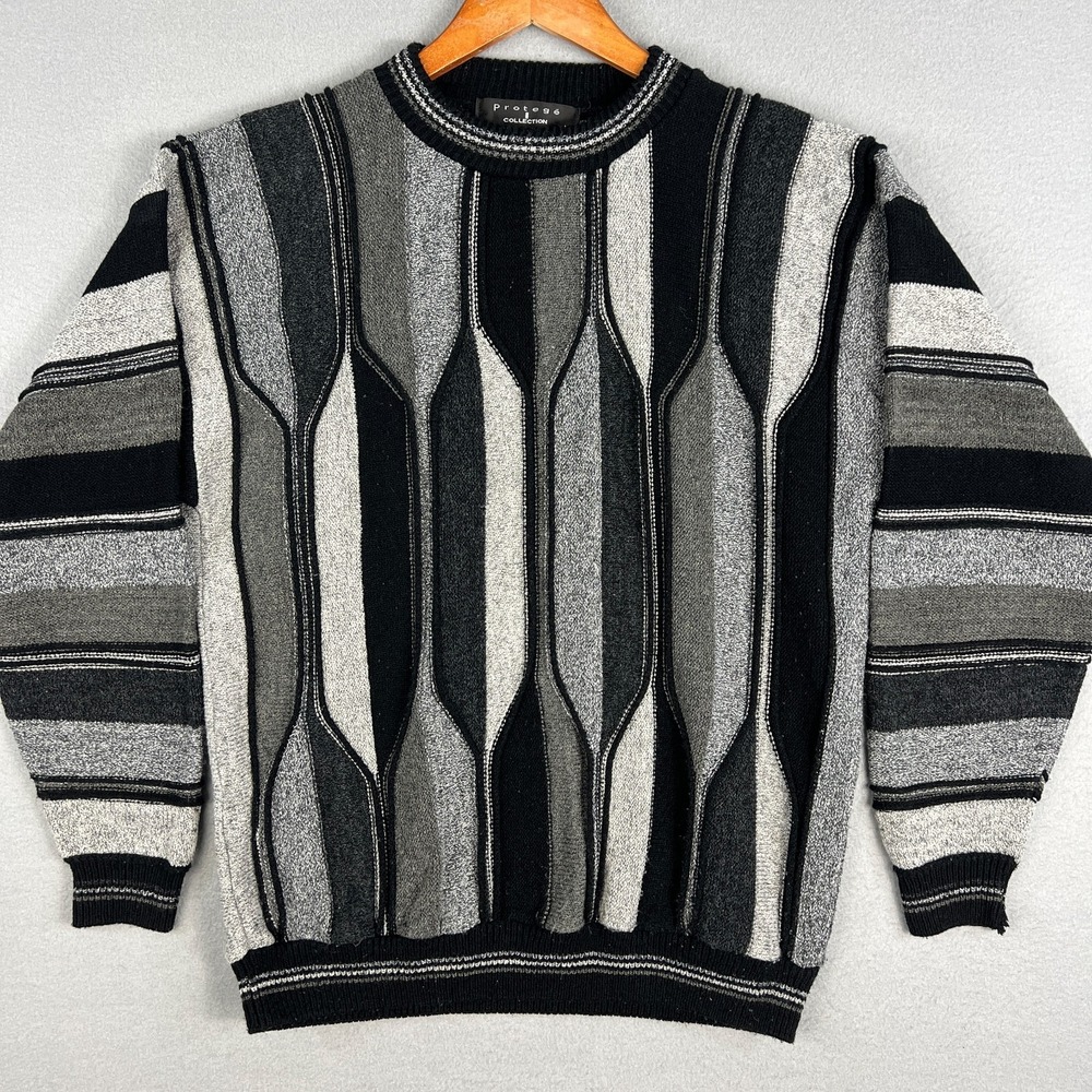VTG Protege Collection Sweater Fits M Black Gray 1990s‎ Hip Hop 3D Knit USA